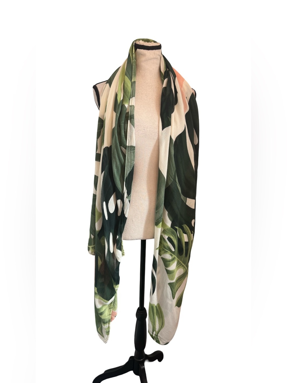 Virginia Wolf NYC Handmade Viscose Scarf Wrap Green Leaf Floral Print 91"